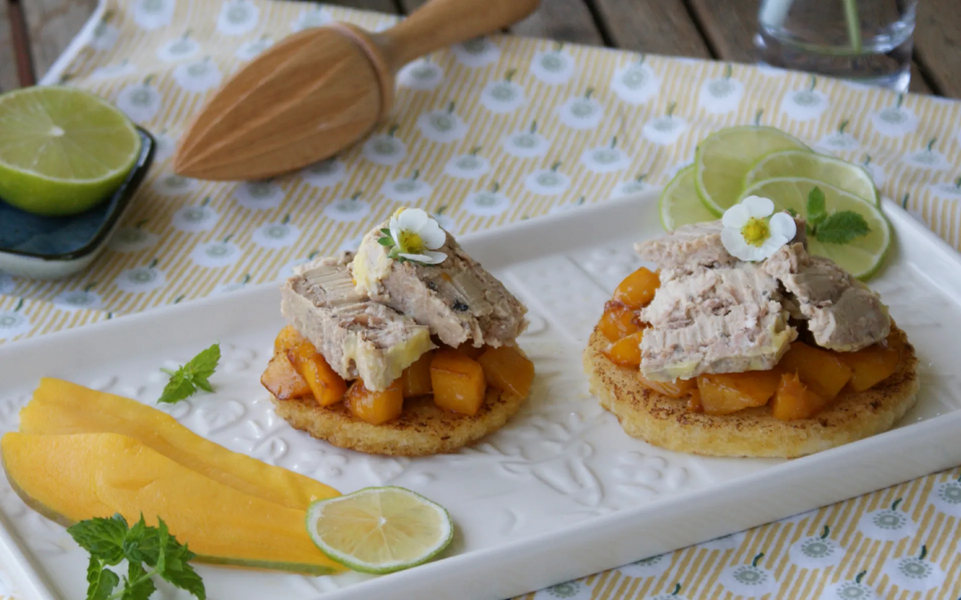 Recette du Pain perdu au Marbré au Foie de Canard, mangue poêlée au vinaigre de vanille